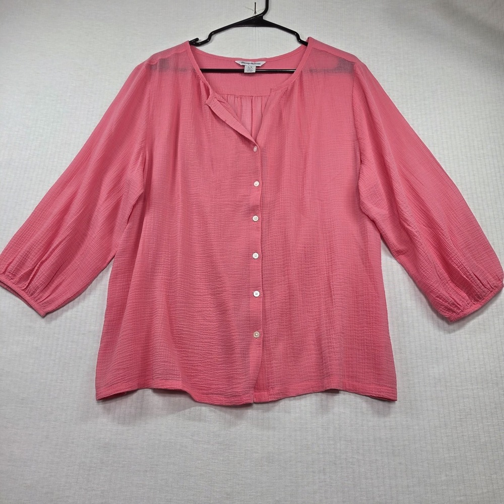 Tommy Bahama Pink Crinkle Gauze Peasant Blouse L Boho Resortwear Coastal 70s
